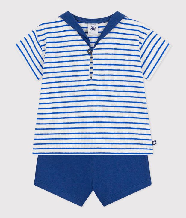 Tweedelig katoenen babysetje met T-shirt met matrozenkraag blauw/blauw