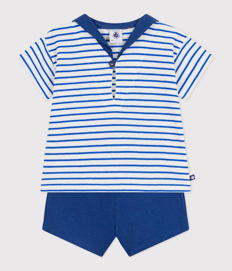 Tweedelig katoenen babysetje met T-shirt met matrozenkraag blauw/blauw