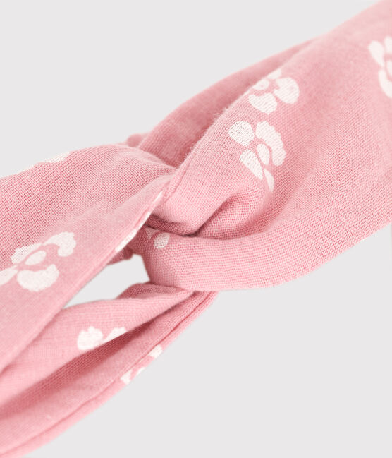 Babyhoofdband van katoenen gaas met bloemenprint roze CHARME/wit MARSHMALLOW