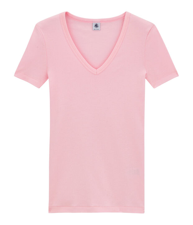 T-shirt femme col V en c&ocirc;te originale rose