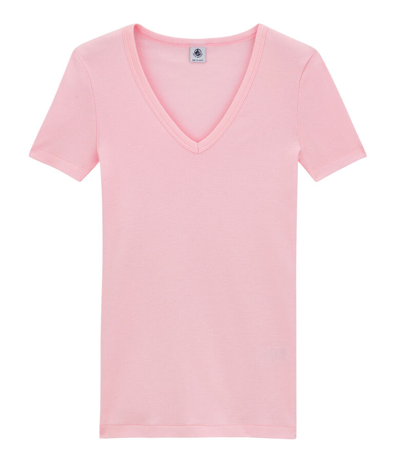 Dames-T-shirt met V-hals in origineel geribd katoen roze