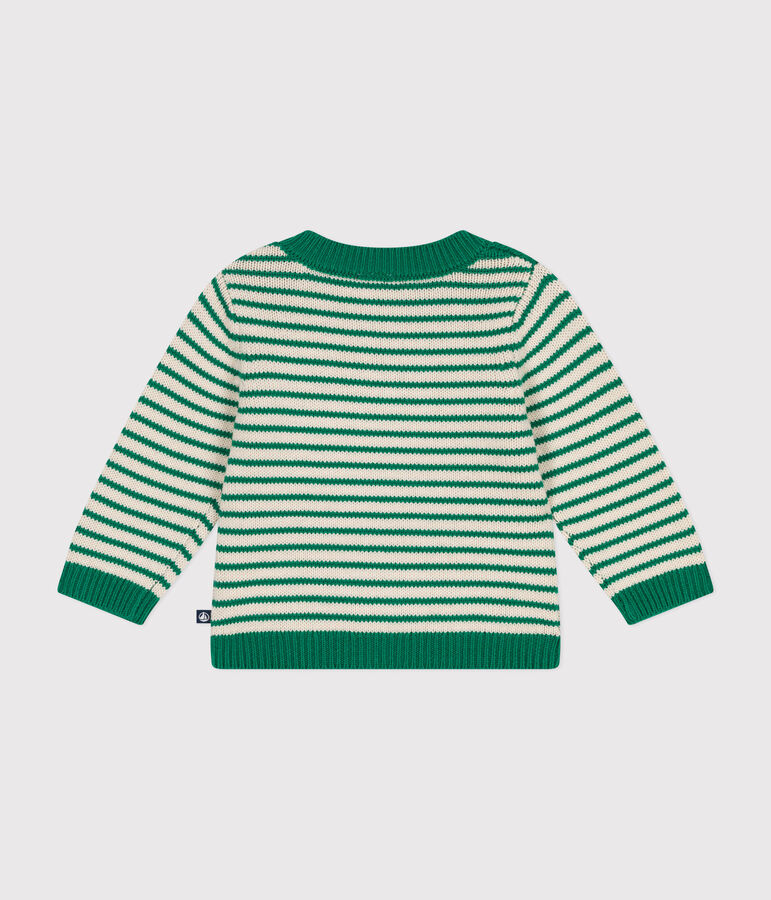 Pull en tricot de laine et coton b&eacute;b&eacute; vert/&eacute;cru