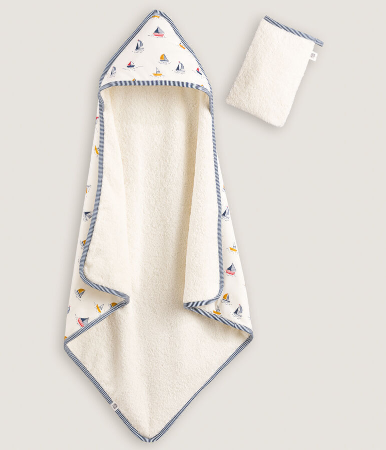 Badcape en washandje met marineprint voor baby's wit/blauw/multicouleur