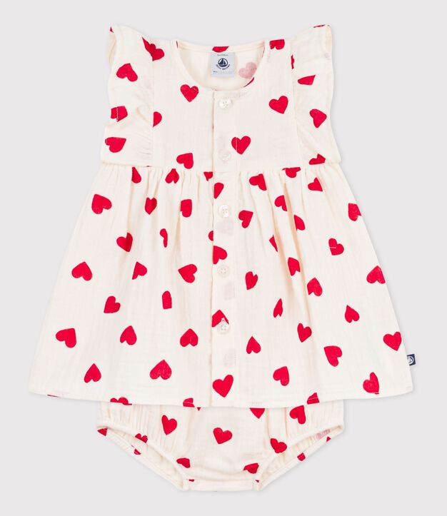 Robe b&eacute;b&eacute; en coton avec son bloomer, imprim&eacute;s c&oelig;urs rouge/rouge