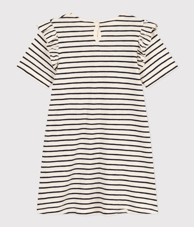Robe ray&eacute;e manches courtes en coton enfant fille &eacute;cru/bleu