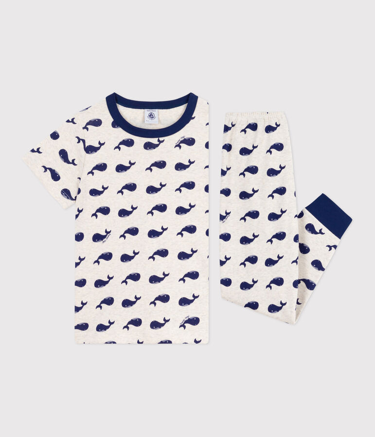 Katoenen kinderpyjama met korte mouw en lange pijpen met print beige/blauw