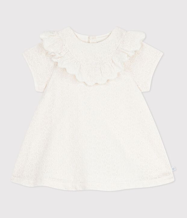 Babyjurkje van broderie anglaise met korte mouwen en hartjesmotief wit