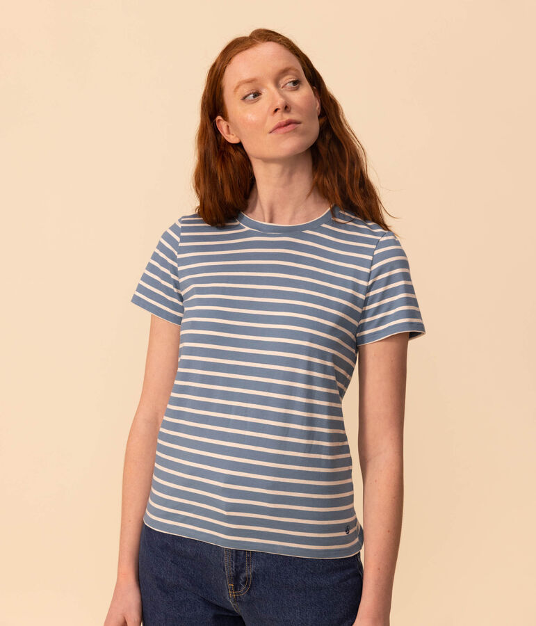 LE DROIT, katoenen T-shirt voor dames met ronde hals blauw/ecru