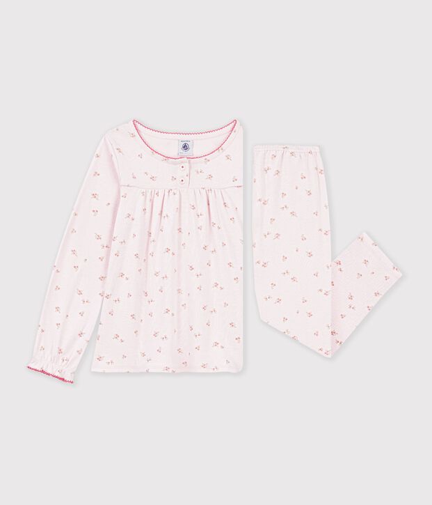 Pyjama enfant en coton &agrave; fronces &agrave; fleurs rose/multicouleur