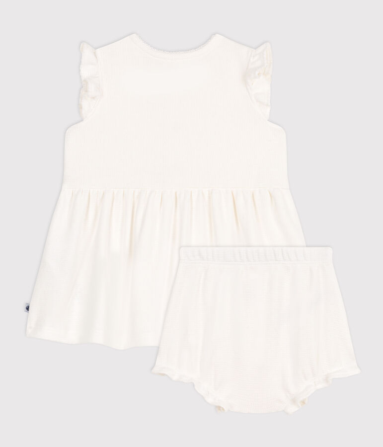 Robe blanche b&eacute;b&eacute; en nid d'abeille &agrave; manches courtes et bloomer blanc