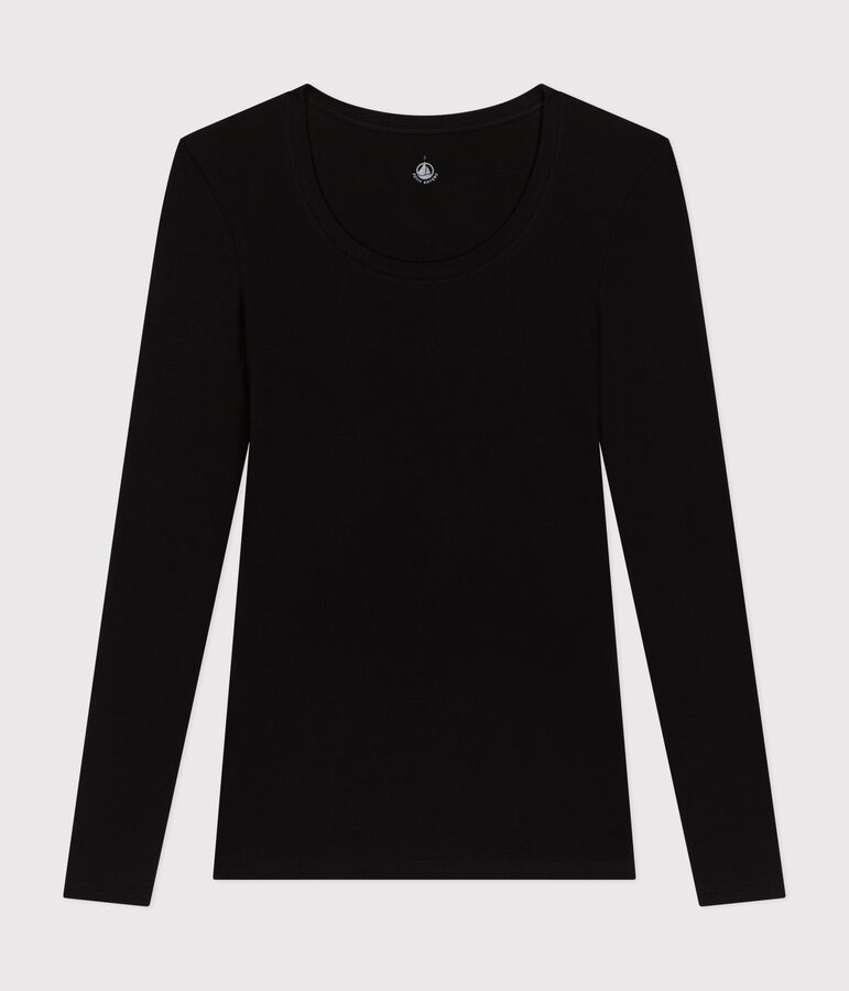 Tee-shirt femme en coton col danseuse manches longues noir