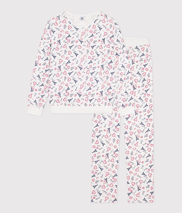 Pyjama femme en coton imprim&eacute; Paris blanc/multicouleur