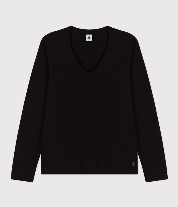 Le Droit, T-shirt met lange mouw en V-hals van dunne jersey voor dames zwart