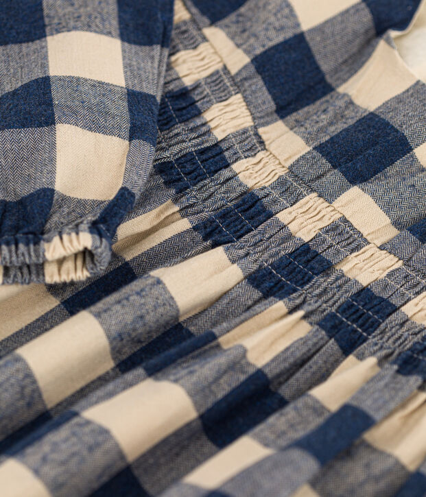 Robe manches longues en flanelle de coton &agrave; carreaux enfant fille bleu/&eacute;cru