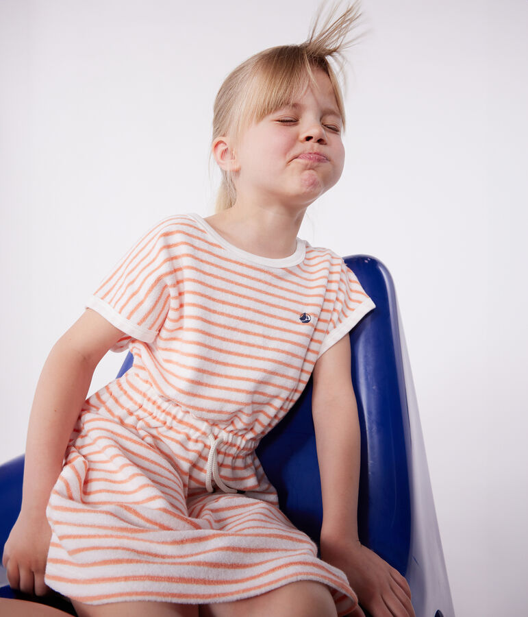 Robe enfant en coton &eacute;ponge manches courtes &agrave; rayures blanc/orange