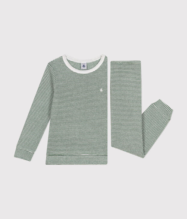 Gestreepte pyjama van geruwde badstof voor kinderen groen/wit