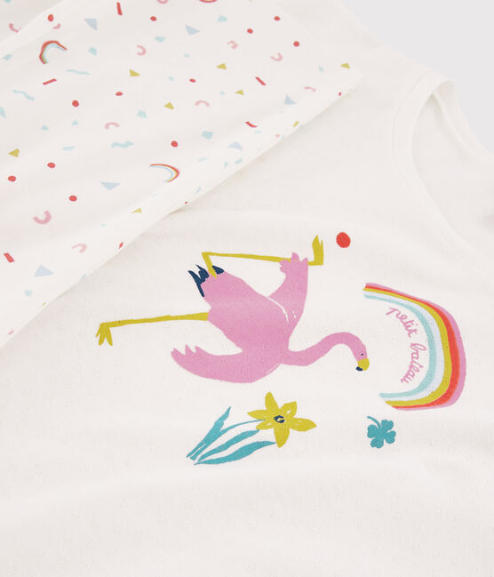 Meisjes-dame pyjama van ribtricot met roze flamingo wit MARSHMALLOW/wit MULTICO