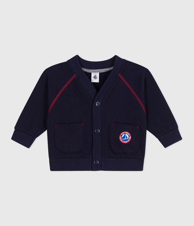 Cardigan b&eacute;b&eacute; en coton uni, coutures contrast&eacute;es bleu marine