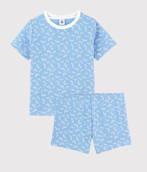 Katoenen pyjacourt met bananenprint voor kleine jongen-meisje blauw/wit