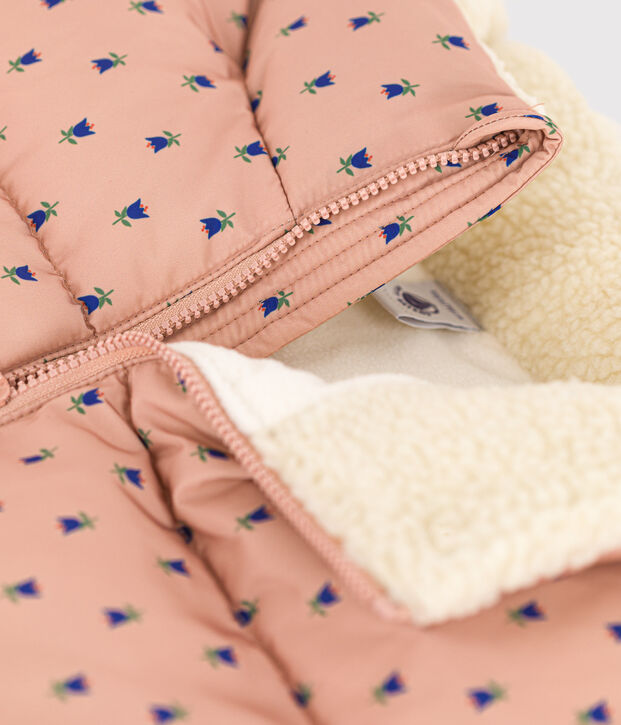 Donsjack met oprolbare capuchon voor meisjes beige/multicouleur