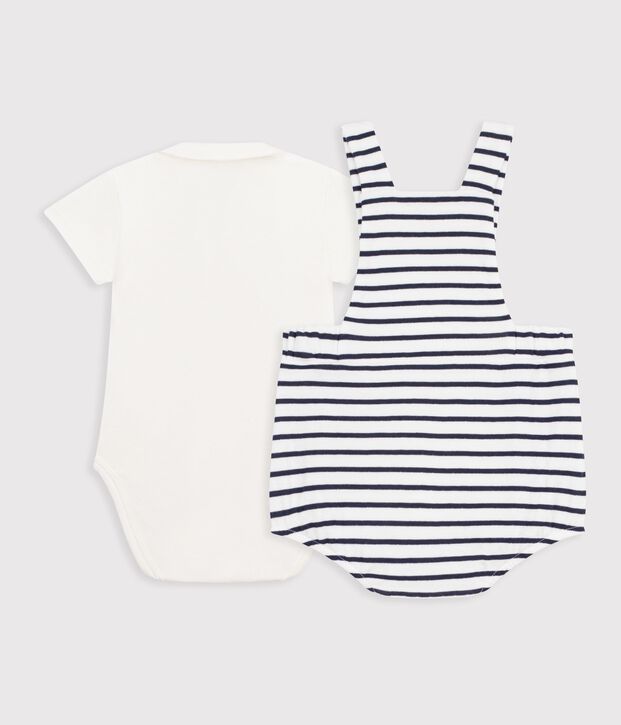 Ensemble 2 pi&egrave;ces b&eacute;b&eacute; en coton ray&eacute; et d&eacute;tails brod&eacute;s blanc/bleu