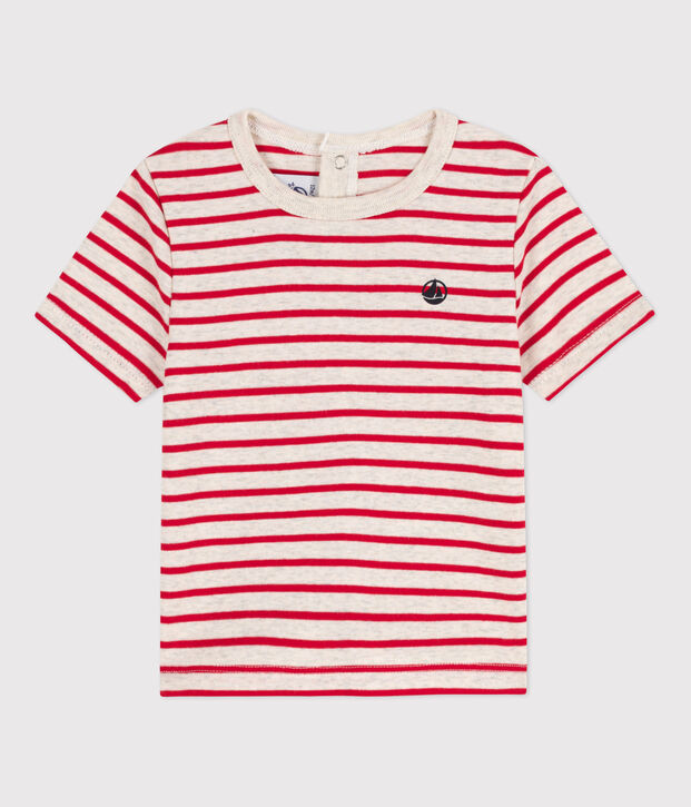 Katoenen T-shirt met korte mouwen en streepjes voor baby's beige/rood