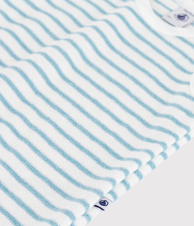 Combinaison courte sans manches b&eacute;b&eacute; en coton bouclette &eacute;ponge &agrave; rayures blanc/bleu