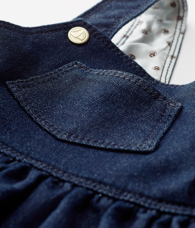 Robe salopette b&eacute;b&eacute; fille en maille effet denim bleu/beige