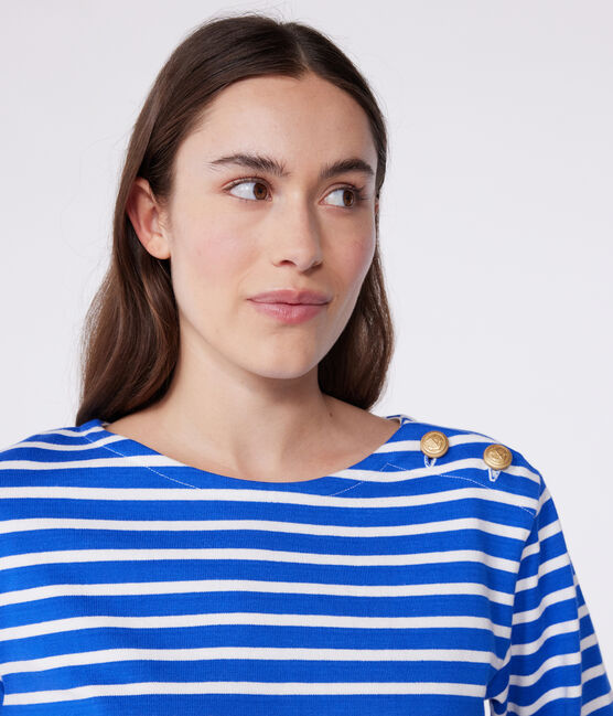Marinière femme en coton manches longues bleu PERSE/blanc MARSHMALLOW