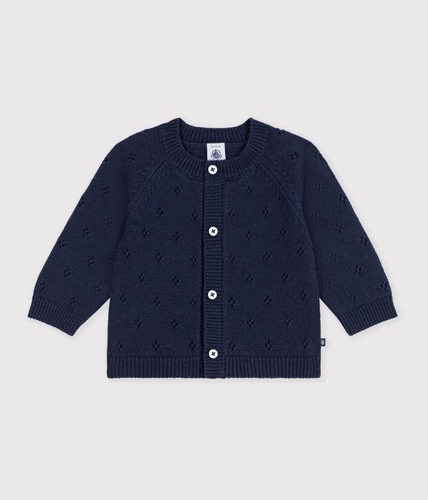 Cardigan b&eacute;b&eacute; en tricot laine et coton uni bleu marine