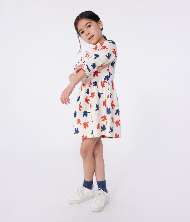 Robe enfant en coton manches longues imprim&eacute;e &eacute;cru/multicouleur