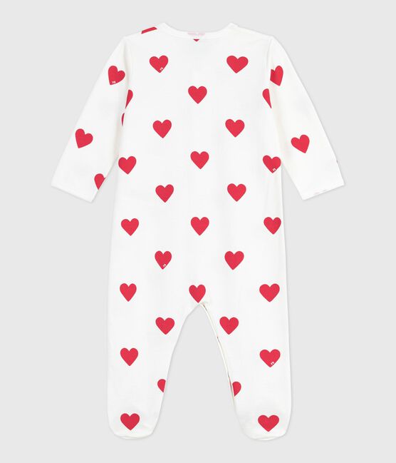 Babypyjama van geruwde fleece met kraag en hartjesprint wit MARSHMALLOW/rood TERKUIT