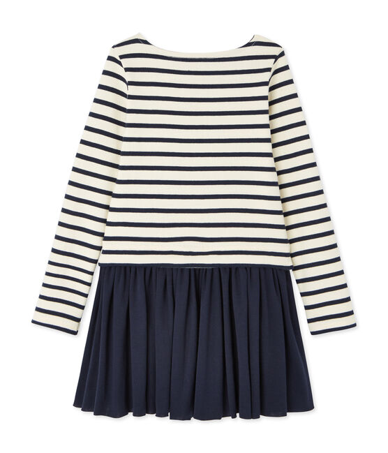 Robe fille bi-matière rayée beige COQUILLE/bleu SMOKING