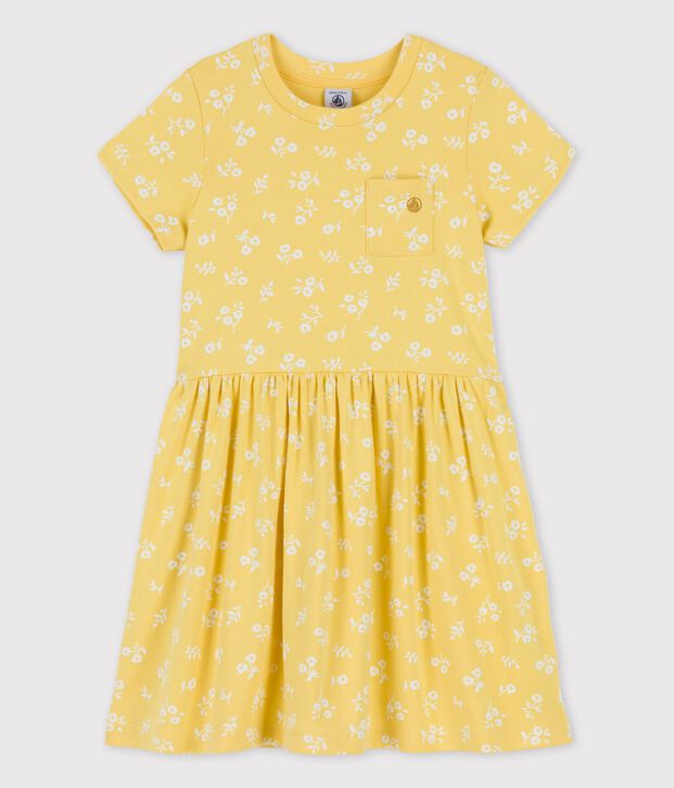 Robe manches courtes en coton enfant fille jaune/blanc