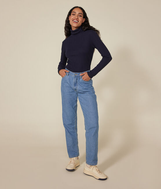 L'ICONIQUE, dames-T-shirt met rolkraag in ribstof blauw SMOKING