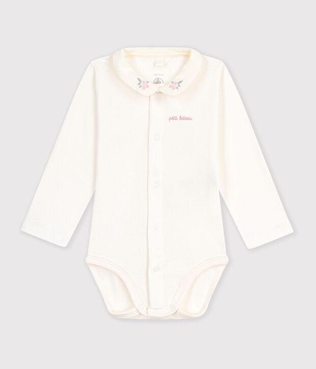 Effen katoenen babyrompertje met lange mouwen en geborduurd kraagje roze/roze