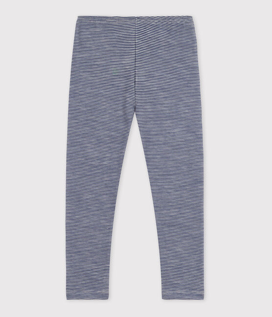 Legging milleraies petite fille/petit garçon en laine et coton bleu MEDIEVAL/blanc MARSHMALLOW