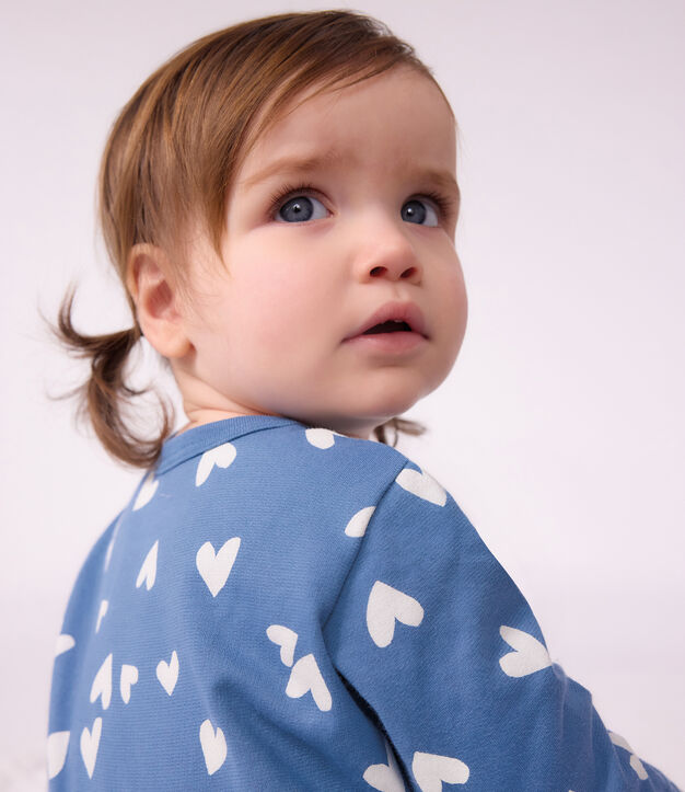 Fleece babypyjama met hartjesprint blauw/wit