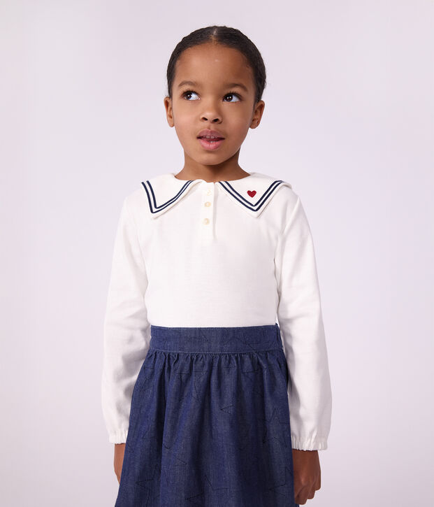 Effen katoenen kinderbloesje met lange mouwen en kraagje wit