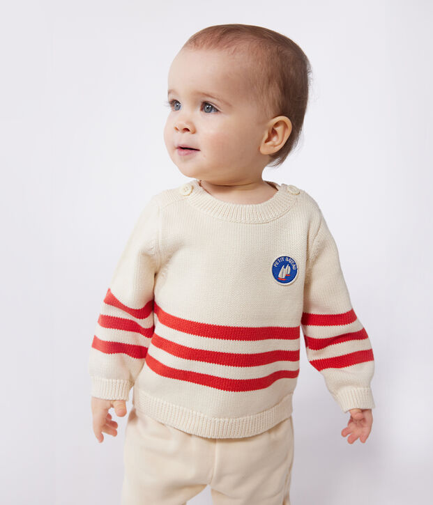 Pull b&eacute;b&eacute; en coton &agrave; rayures plac&eacute;es et badge &agrave; la poitrine rouge/rouge