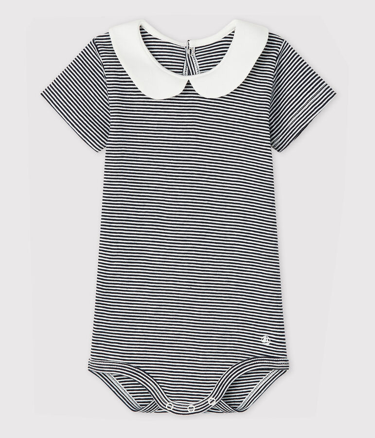 Katoenen romper voor babymeisjes met Peter Pan-kraag blauw SMOKING/wit MARSHMALLOW