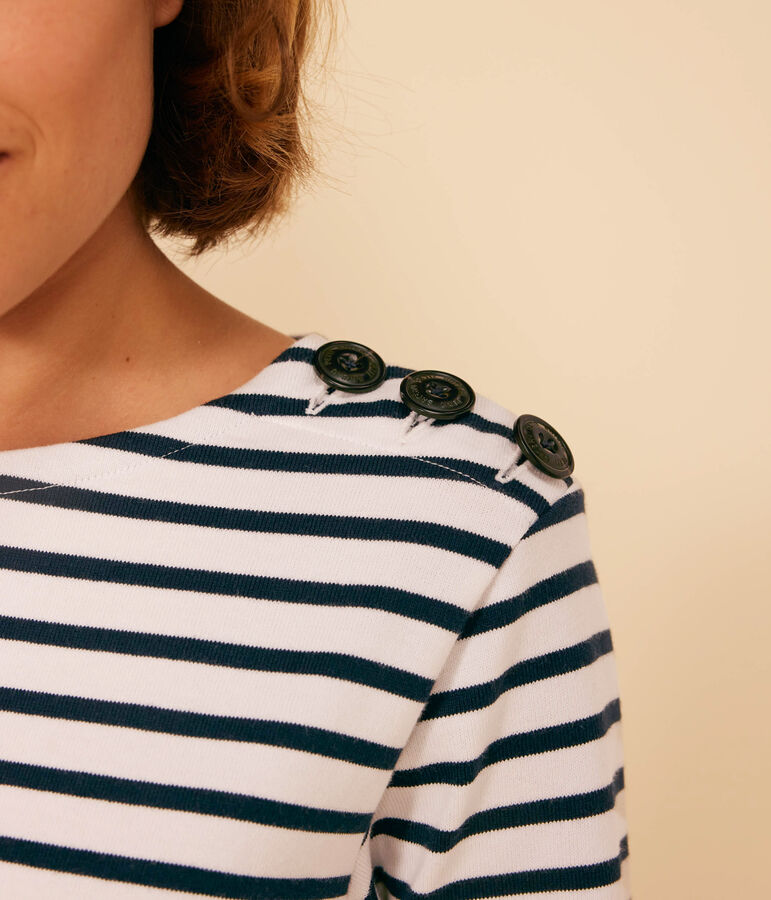 Katoenen marineshirt met knopen voor dames wit/blauw