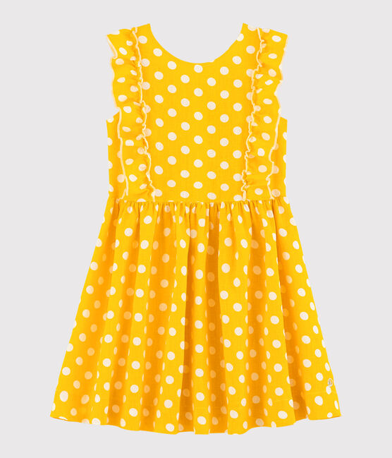 Robe manches courtes en lin enfant fille jaune SHINE/blanc MARSHMALLOW