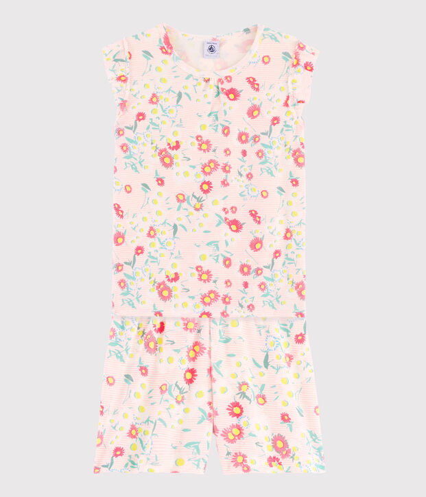 Korte gebloemde meisjespyjama van ribtricot wit/multicouleur