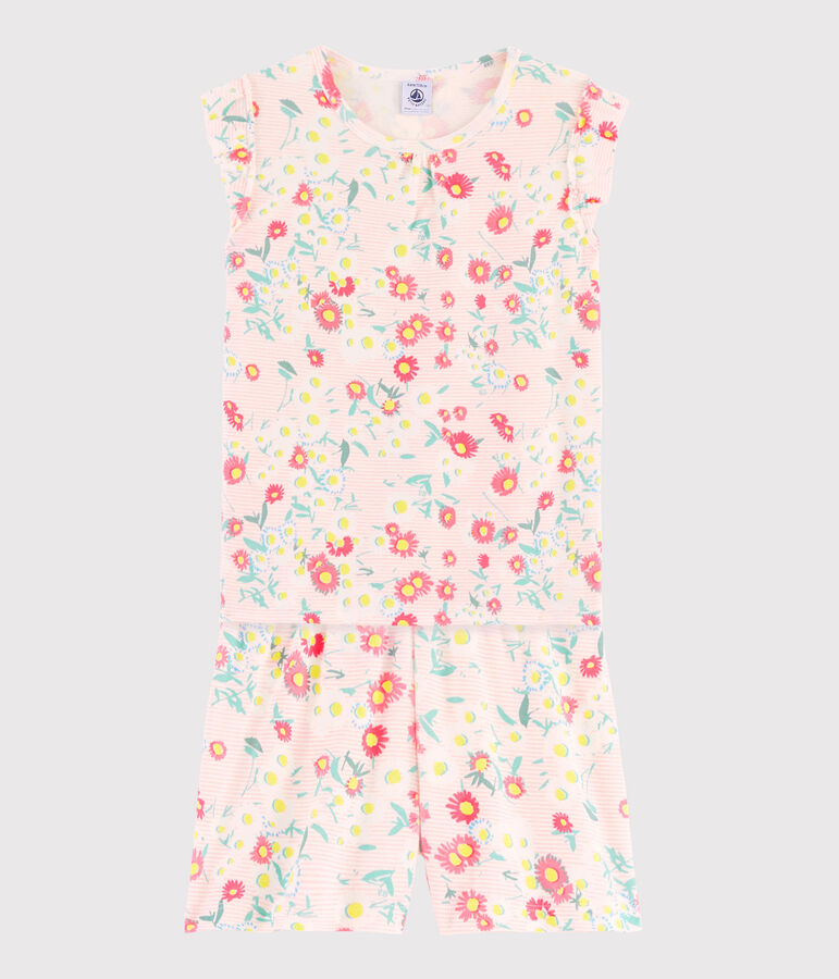 Pyjacourt fleuri petite fille en c&ocirc;te blanc MARSHMALLOW/blanc MULTICO