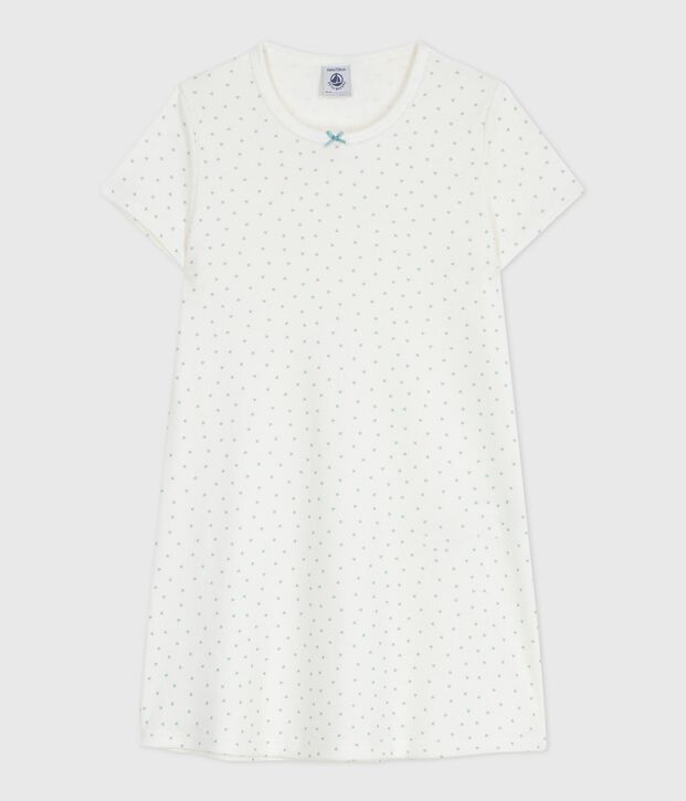 Chemise de nuit enfant en coton manches courtes imprim&eacute; c&oelig;urs blanc/vert