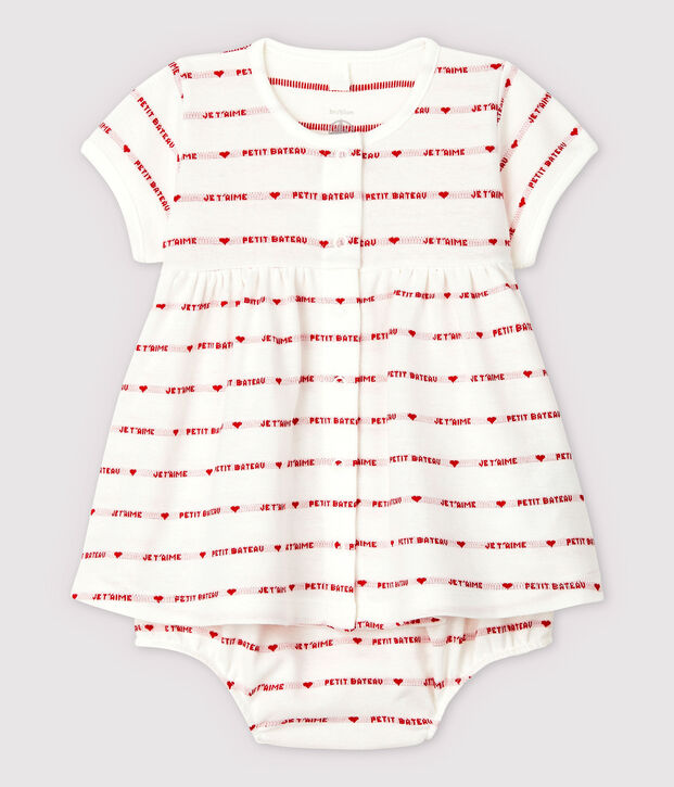 Jurk met korte mouwen en bloomers voor babymeisjes in jacquard, van biologisch katoen wit/rood