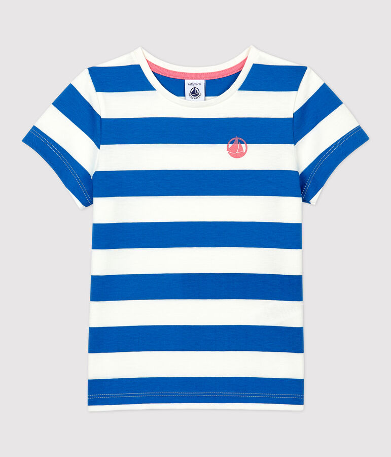 Tee-shirt manches courtes en coton enfant fille bleu RUISSEAU/blanc MARSHMALLOW