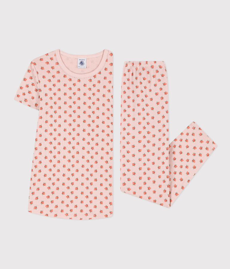 Pyjama manches courtes petite fille en coton rose/multicouleur