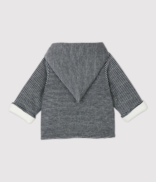 Veste ray&eacute;e &agrave; capuche b&eacute;b&eacute; en velours de coton biologique blanc/bleu